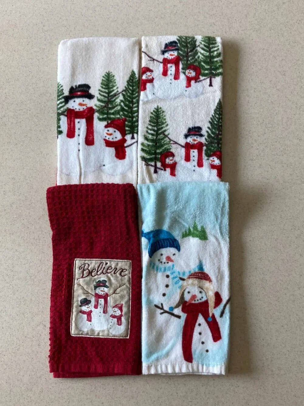 St. Nicholas Square Dish Towels 4 Pc. Snowmen Believe